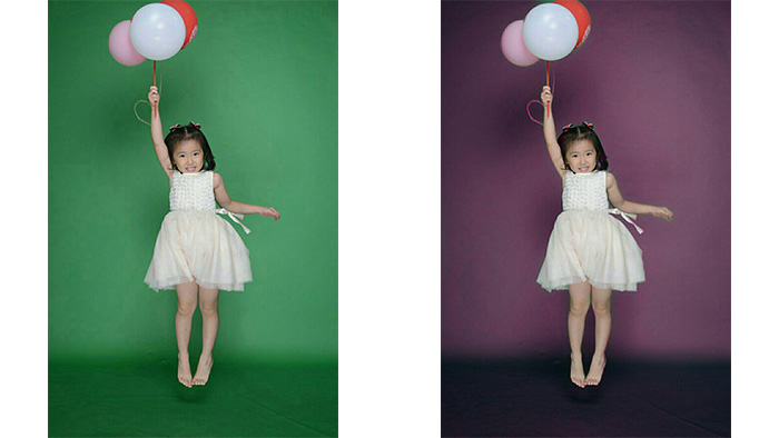 change background, green background, purple background, girl with balloons, photo editing example