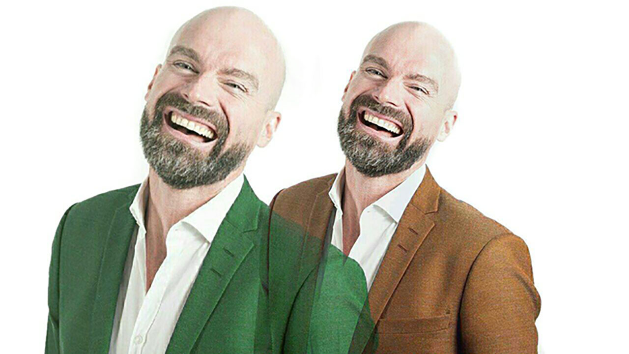 double exposure portrait, double exposure effect, man portrait, man laughing, white background, LightX App