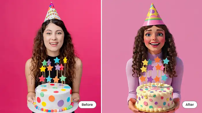 A collage of a photo of a birthday girl and her transformation into a cartoon with AI