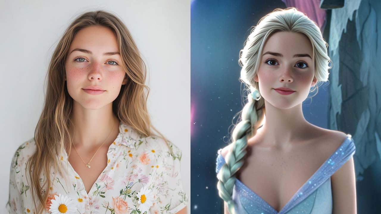 A collage of a woman’s original photo and transformation into Elsa from Frozen with AI.