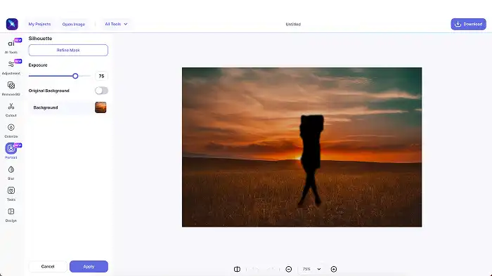 A screenshot of photo to silhouette conversion in LightX.