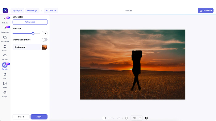  A screenshot of photo to silhouette conversion in LightX.