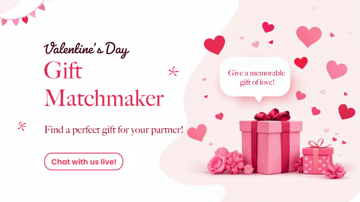 A Valentine’s Day gift matchmaking offer promo featuring pink gift boxes and floating hearts. 