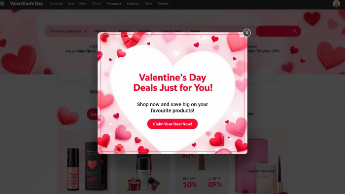  A Valentine’s Day deal pop-up on a website featuring a cute heart in the center, surrounded by heart illustrations.