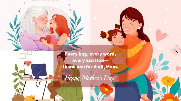 A collage of different moms (young, elderly, grandmothers, working moms, etc.), symbolizing universal love.