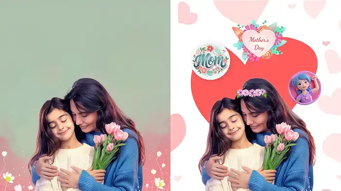 A before-and-after image edited with LightX, showing a new background and cute Mother's Day stickers.