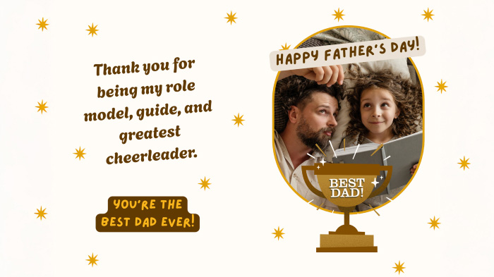 A Father’s Day card from a daughter with a father-daughter photo, a message, and the best dad trophy sticker. 