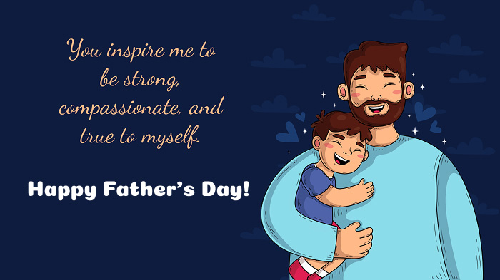 An illustrated Father’s Day card featuring a father holding his son in his arm and an inspirational message. 