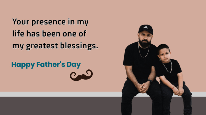 A Father’s Day card with a photo of a father and son sitting together, a meaningful message, and a mustache sticker. 