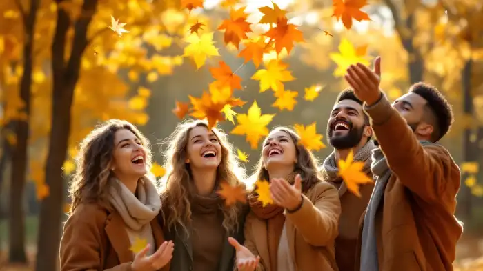 A Thanksgiving photo of a group of friends tossing autumn leaves in the air and having fun.