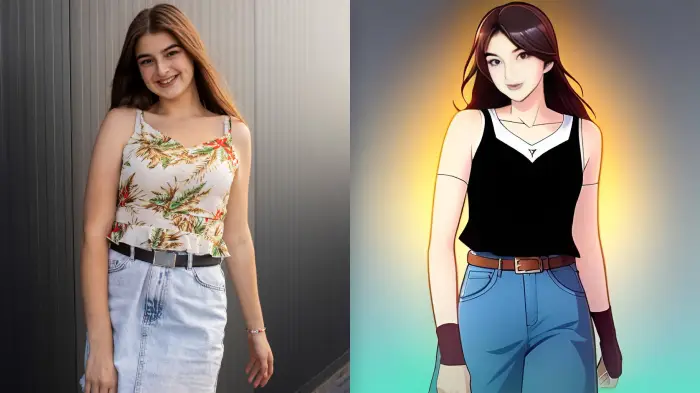 Before and after images of AI Webtoon filters, the image looks bright and colorful, like images you see in webcomics.