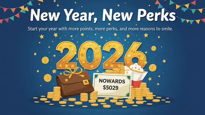 A New Year 2025 perks promotion graphic with New Year lights and fireworks illustrations.
