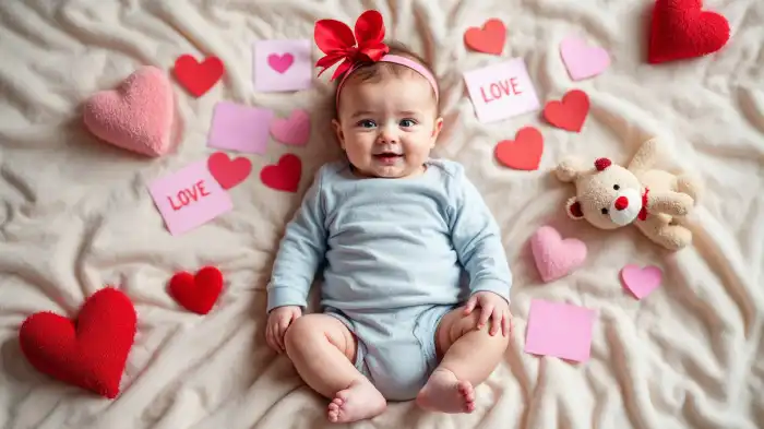A photo of a baby on a soft blanket with love notes and Valentine’s cards scattered all over. 