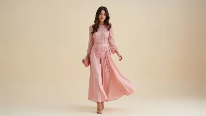 A photo of a woman in a blush pink lace blouse with a flowy pleated skirt, heels, and matching clutch.