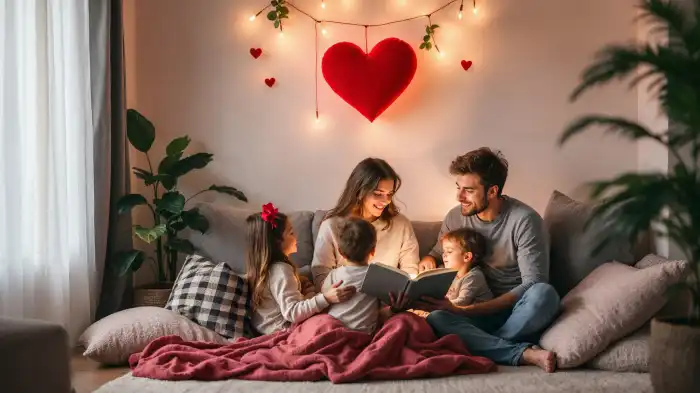A photo of a person reading a story and other family members sitting and listening on a cushioned floor space.