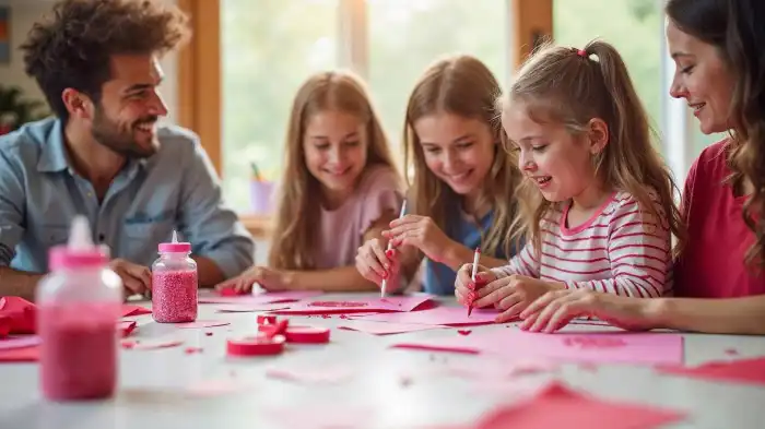 A photo of a family sitting across a crafting table with Valentine’s supplies and crafting together.