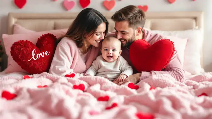 A photo of a baby sitting between parents on a bed with a soft blanket, Valentine’s-themed pillows, and plush hearts.
