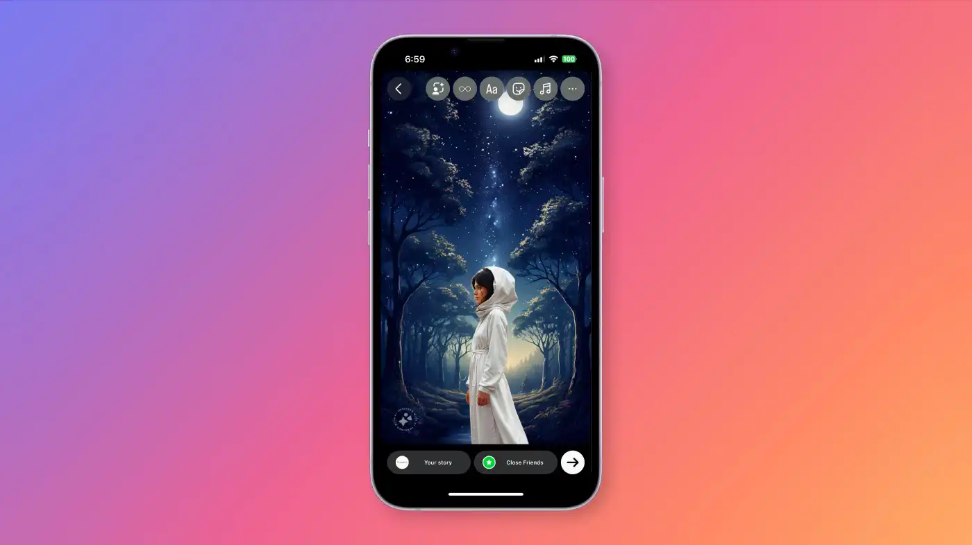 A screenshot of Instagram’s share story screen featuring a woman’s photo with a magical forest backdrop. 