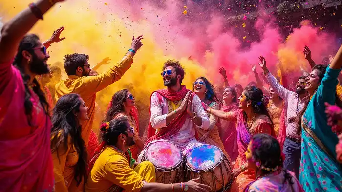 Both men and women are dressed in bright colors and dancing to dhol sounds.