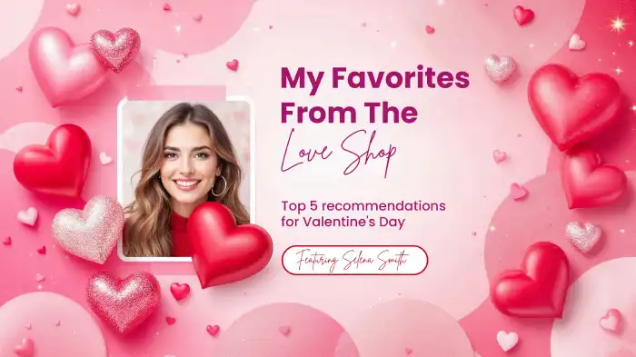 A Valentine’s Day collaboration promo featuring a woman’s photo and colorful heart illustrations on the background.
