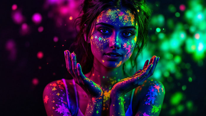 A girl wearing neon Under blacklight, the colors of Holi glow in a dark space