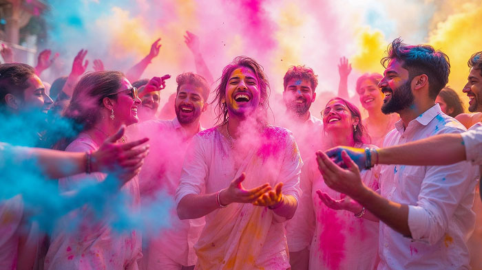 A group of friends with happy faces are throwing gulal powder in the air.