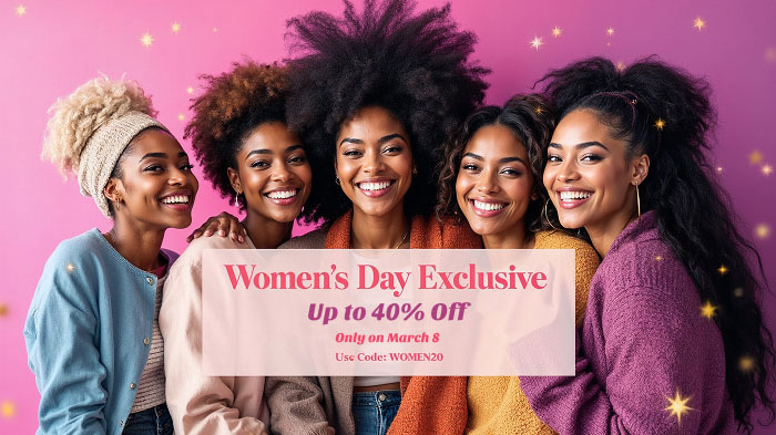 A diverse group of women from different countries standing together in front of a pink Women’s Day-themed background, celebrating unity and empowerment.