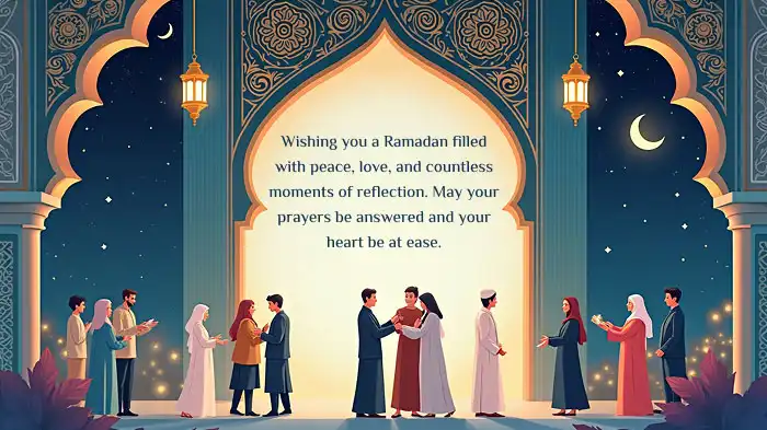 A photo of a group of friends wishing each other and celebrating Ramadan, featuring a traditional setting and crescent moon. 