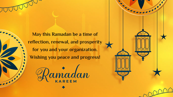 A yellow Ramadan card featuring a wish and illustrations of lanterns, stars, and a traditional designs. 
