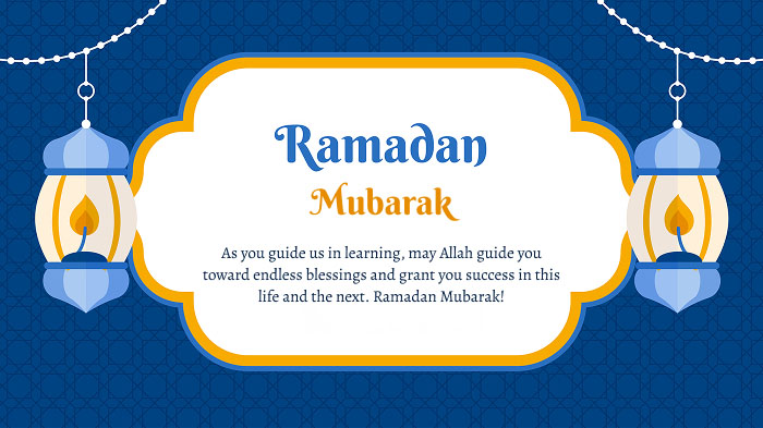 A Ramadan Mubarak card, featuring lantern illustrations and a wish. 
