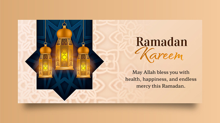 A beige Ramadan card featuring a wish and an image of golden lanterns and a traditional design. 