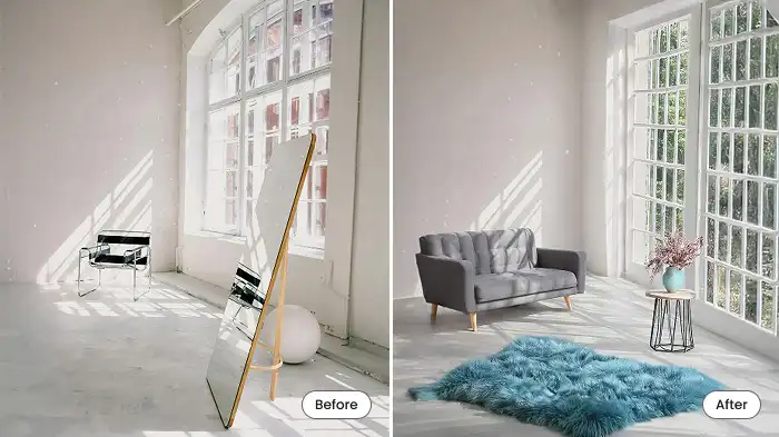 empty room virtually staged with furniture using AI to give buyers a better sense of space and functionality.