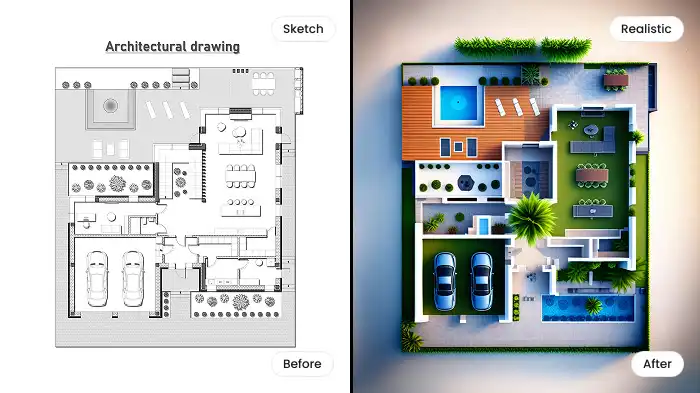  floor plan sketch converted into a realistic image using AI to help buyers visualize room layout and design.
