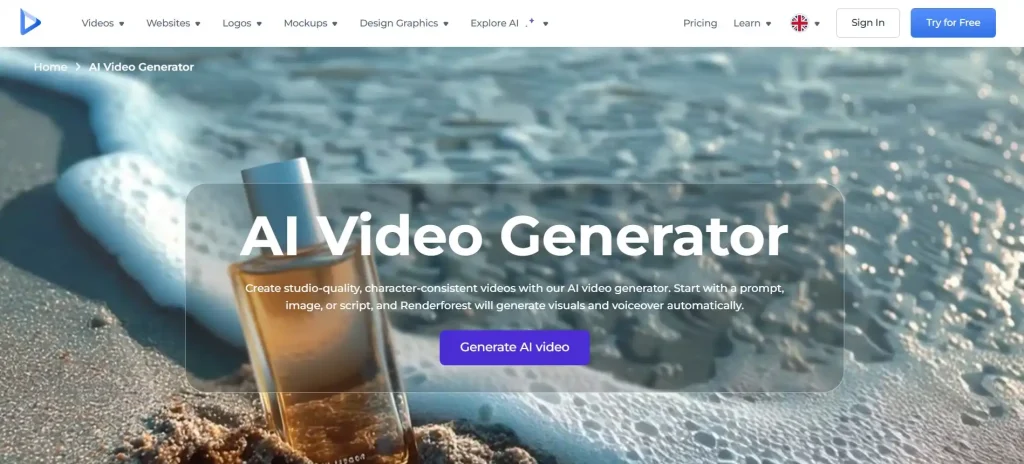 A screenshot of RenderForest AI video generator home page