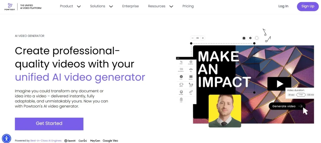 A screenshot of Powtoon AI video generator home page