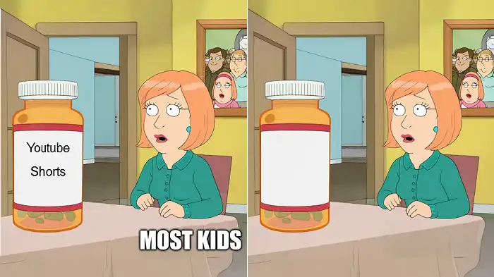 A collage of a meme featuring a woman, a jar, and an indoor setting. Left with text on a jar and right with text removed.