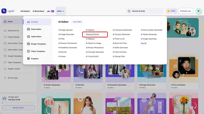 A screenshot of the Cleanup Picture tool selected in the menu on LightX’s website.