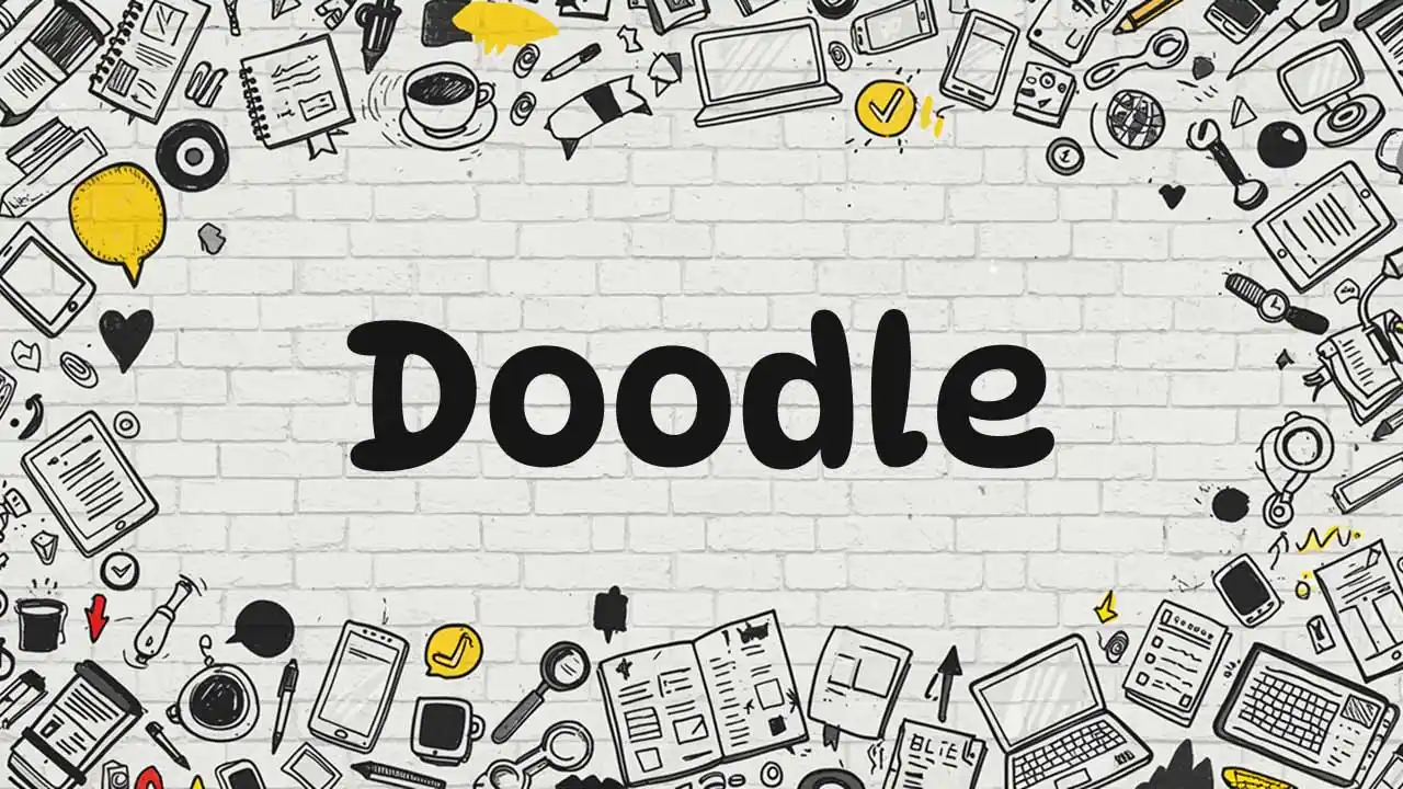 A black and white sketch-style doodle banner featuring creative icons, abstract shapes, and hand-drawn elements, perfect for an artistic blog header.