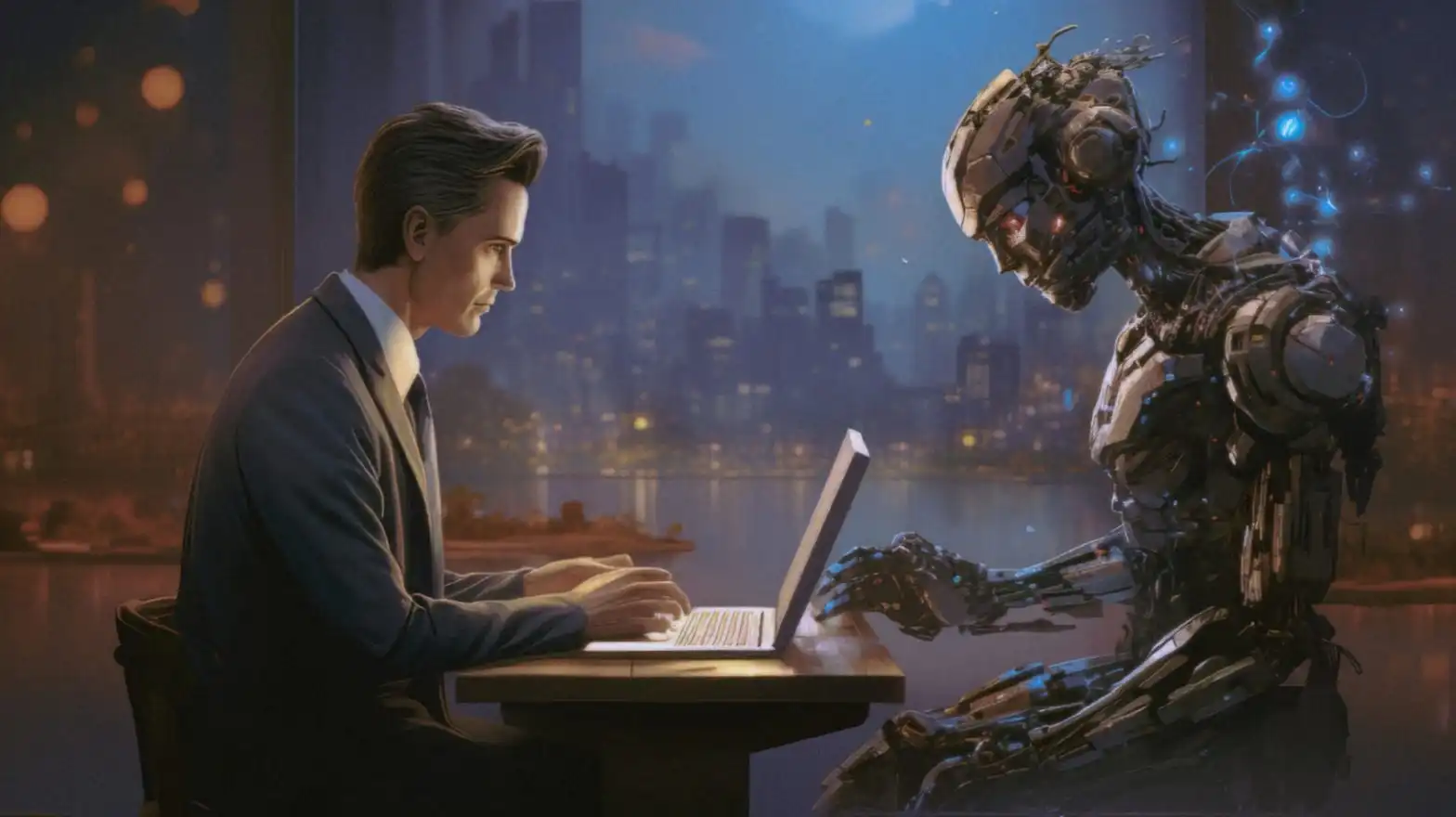 A man sitting with a robot across the table working on a laptop.