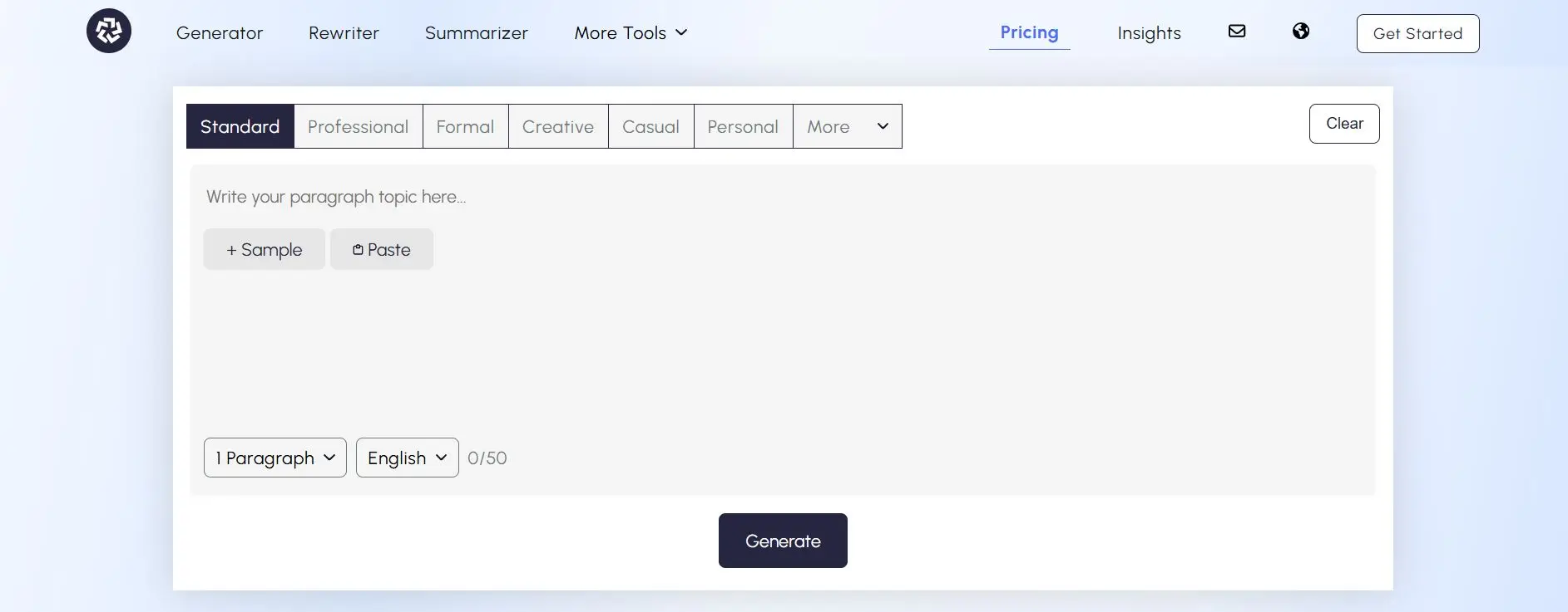 A screenshot of Paragraph Generator tool