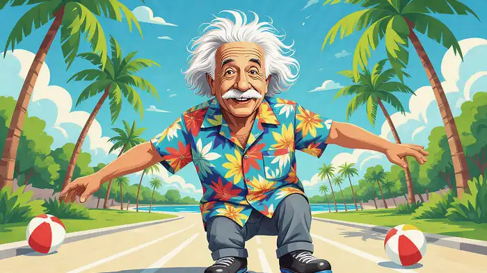 Einstein is chilling by wearing roller skates and a loud Hawaiian shirt.