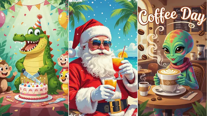 Humorous AI-generated images featuring cakes, Santa & alien,