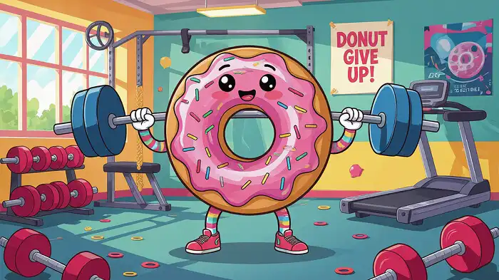 A donut lifting weights at the gym.