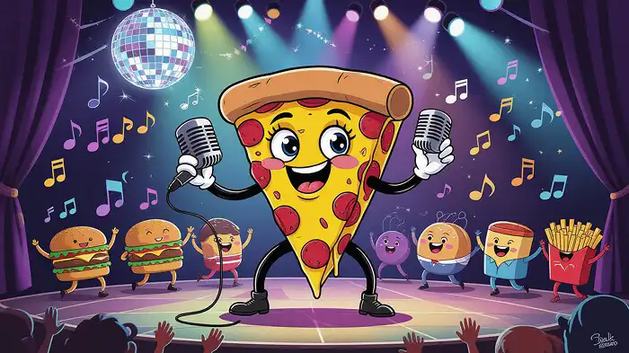 A slice of pizza is doing karaoke on stage. 