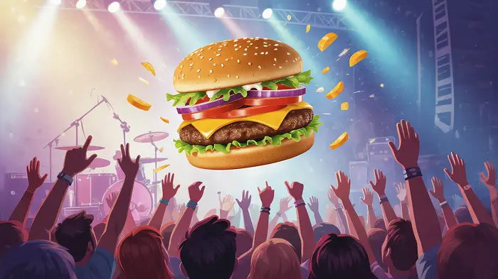 A burger crowd-surfing at a rock concert
