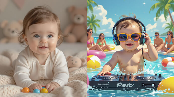 Baby sitting plain vs baby wearing sunglasses DJ-ing at a lively pool party.