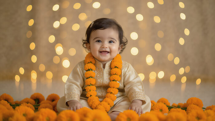 7-month-old baby in festive setup with fairy lights, flowers, and warm golden glow.