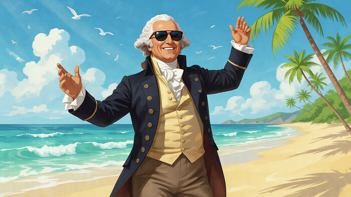 George Washington is dancing on a beach while wearing black specs.