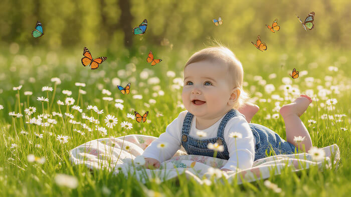 3-month-old baby smiling in a flower garden with butterflies, spring AI photo.