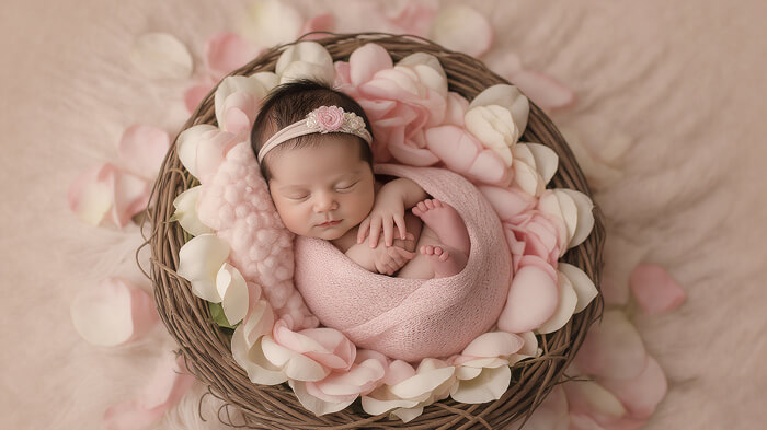 Peaceful newborn baby wrapped in a cozy blanket, soft pastel home setup.